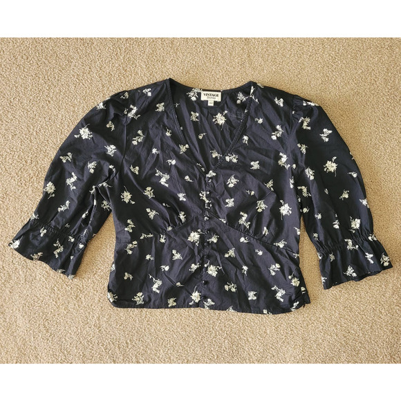 Vintage Stories Women Floral Faux Button Up Puff Sleeve Babydoll Blouse Sz 44/L - Picture 1 of 9